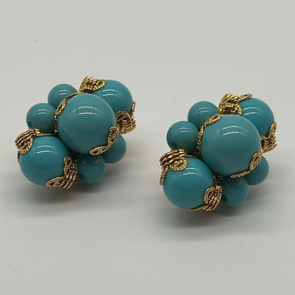Vintage Joan Rivers Cluster Earrings Faux Turquoise Bead  Gold Clip On